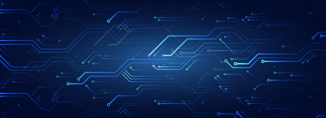 Wide High-tech technology on the blue background. Circuit board vector illustration. Vector electronic communication. Futuristic concept for banner.