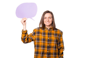 Portrait of young woman standing over white isolated background and holding a bubble speech