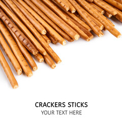 Creative layout made of crackers sticks on the white background. Food concept. Edible snack dry sticks with salt on white background. Straws, sticks crackers.