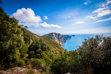 The beautiful coastline of the Cinque Terre between Riomaggiore and Porto Venere in Liguria,  Italy