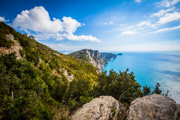 The beautiful coastline of the Cinque Terre between Riomaggiore and Porto Venere in Liguria,  Italy