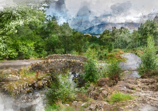 Digital watercolor painting of Stunning long exposure landscape image of Ashness Bridge in English Lake District during late Summer afternoon with dramatic lighting