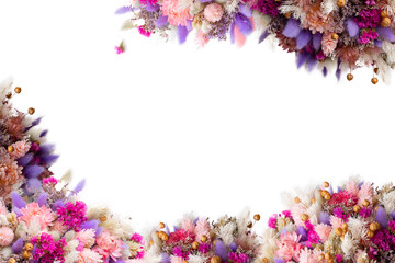 Natural flower pattern of dried flowers in pink and purple flowers. Flat Lay. Frame background. top view.