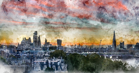 Fototapeta na wymiar Digital watercolor painting of Stunning beautiful landscape cityscape skyline image of London in England during colorful Autumn sunrise