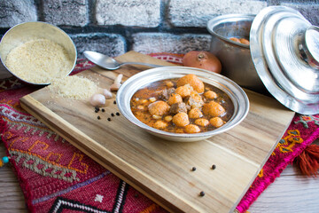Traditional Turkish food; bulgur soup with minced meat 
