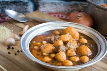 Traditional Turkish food; bulgur soup with minced meat 