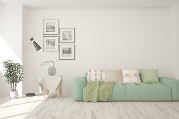 White living room with sofa. Scandinavian interior design. 3D illustration