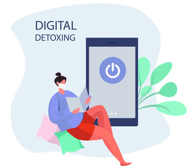 Digital Detox and Gadget Disconnecting.Girl in Mask Threws Phones in the Trash.Woman Turned off the Phone and Reading Newspaper or Book.Without Likes and Smartphone and Internet.Vector Illustration
