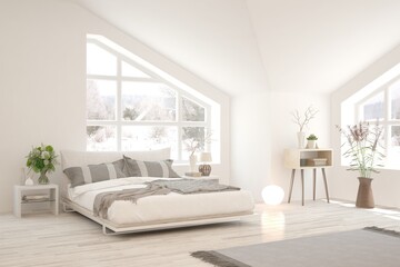 Fototapeta na wymiar Stylish bedroom in white color with winter landscape in window. Scandinavian interior design. 3D illustration