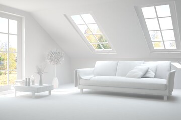 Stylish room in white color with sofa and autumn landscape in window. Scandinavian interior design. 3D illustration