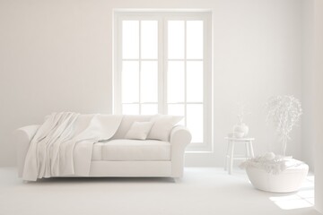 White minimalist living room with sofa. Scandinavian interior design. 3D illustration