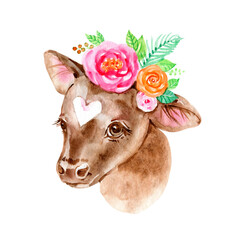 cartoon bull. farm animal illustration. cute watercolor calf. little cow