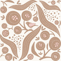 Scandinavian style illustration of cute birds and plants Seamless pattern