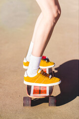 Feet and legs of a skater girl or woman riding a longboard. Skateboarding concept