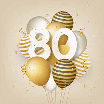 Happy 80th birthday with gold balloons greeting card background. 80 years anniversary. 80th celebrating with confetti. Vector stock