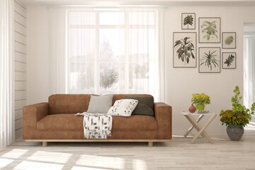 White living room with sofa. Scandinavian interior design. 3D illustration