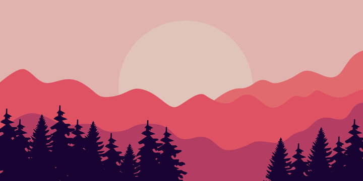 vector landscape illustration design template, with pictures of beautiful mountains and trees