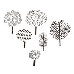 trees in black line graphic illustrations set