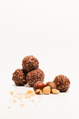 view of delicious looking chocolate and hazelnut sweets with raw and shredded hazelnuts