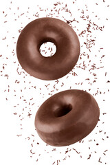Vertical composition of donuts flying covered with chocolate frosting with chocolate sprinkles isolated on a white background. Funny and delicious dark chocolate doughnuts