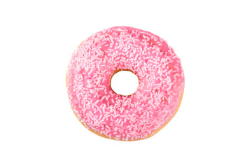 Donut covered with pink frosting and decorated with sweet sprinkles isolated on a white background. Funny and delicious doughnut