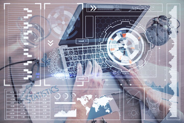 Businessman with computer background with technology theme hologram. Concept of big data. Double exposure.