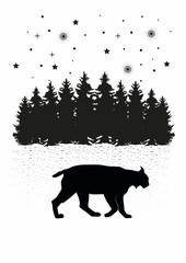 lynx and forest and stars black and white vector illustration of winter landscape