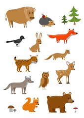 set of funny smiling forest animals from side isolated on white background, cute vector illustration for children