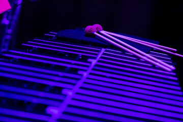Mallets laying on a marimba in dark neon lights