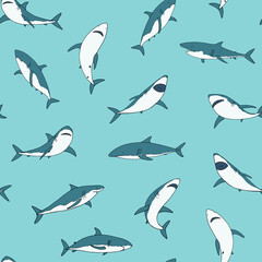 Sharks ocean animals hand drawn vector seamless pattern