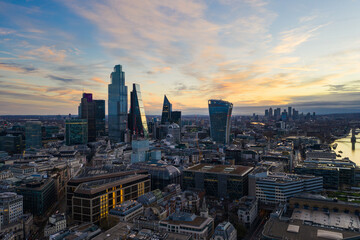 London Square mile drone view at sunrise 