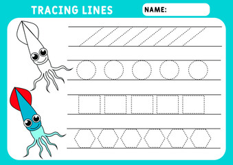 Trace line worksheet for kids. Basic writing. Working pages for children. Funny little squid. Preschool or kindergarten worksheet. Trace the pattern. Illustration and vector outline - A4 paper