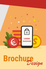 Locked screen of smartphone and pile of coins. Application, cash, money flat vector illustration. Finance and online banking concept for banner, website design or landing web page