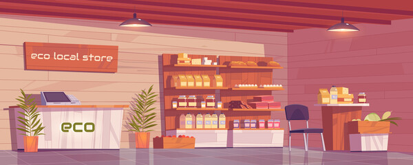 Local eco store empty interior, grocery shop with ecological production on wooden shelves. Dairy products, homemade sausages, bakery and honey, farmer food retail place, Cartoon vector illustration