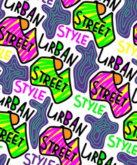 Seamless pattern with hand drawn text urban street style with wave shapes, lines.