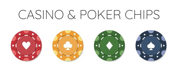 Casino chips for poker or roulette with card suits. Brightly colored elements to design logo, website or background. Vector illustration. - obrazy, fototapety, plakaty