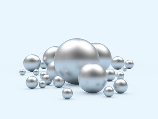 A group of silver spheres of various sizes on a light blue background. 3d illustration