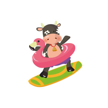 Bull surfing with a flamingo shaped floaty. Summer vector illustration.