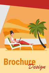 Woman sitting on beach chair by sea. Drinking coffee, using tablet, tropical resort flat vector illustration. Freelance, vacation, communication concept for banner, website design or landing web page