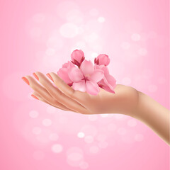 Realistic female hand holding sakura flower. 3d rendering. Blurred abstract background in soft pastel colors. Spring cherry blooming flowers. Design for natural cosmetics, perfume, women products.