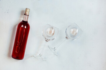 top view on wine bottle and glasses