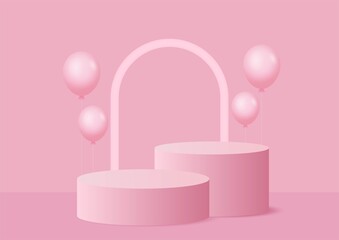 abstract geometry shape podium white balloons, pink pastel product stand presentation minimal style.