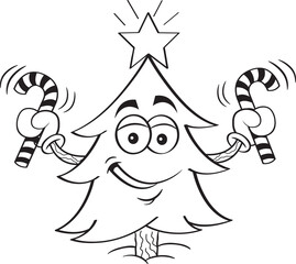 Black and white illustration of a smiling pine tree holding candy canes.