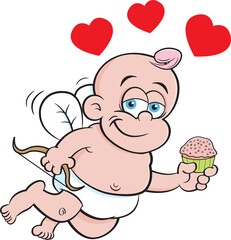 Cartoon illustration of baby cupid holding a bow and cupcake surrounded by hearts.