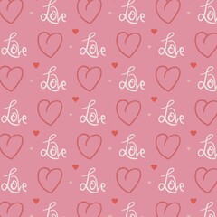 Valentines day seamless pattern. Background with modern calligraphy and pink hearts. Scrapbooking and packaging paper. Vector illustration.