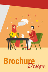 Muslim women meeting in Arabic coffee shop. Female friends wearing hijab drinking coffee flat vector illustration. Friendship, communication concept for banner, website design or landing web page