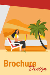 Female freelancer working via laptop on sea beach. Recreation, job, vacation flat vector illustration. Freelance and digital technology concept for banner, website design or landing web page