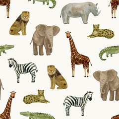Safari animals watercolor hand drawn seamless pattern
