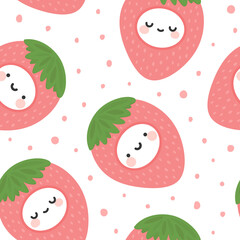 cute face kawaii strawberry pattern, cartoon fruit doodle seamless background with dots, Vector illustration