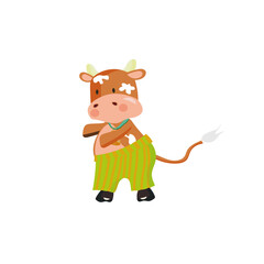 Redhead cow wearing green striped pants. Vector illustration.